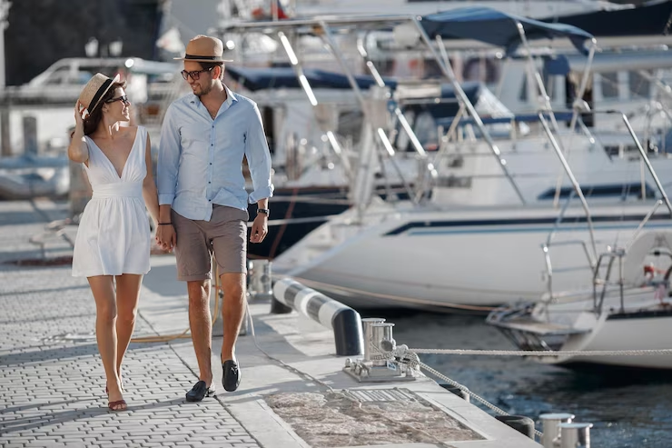 A couple strolling along a dock in Miami with boats in the background.