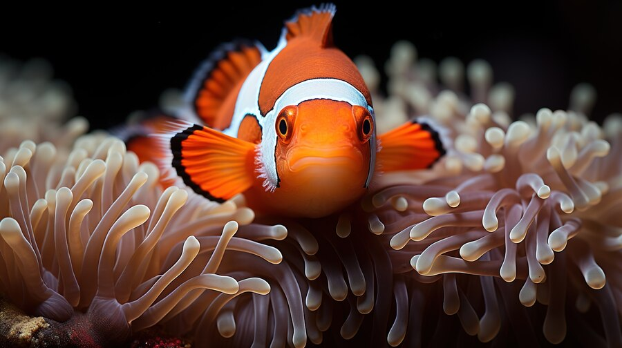 A clown fish is sitting on an anemone.