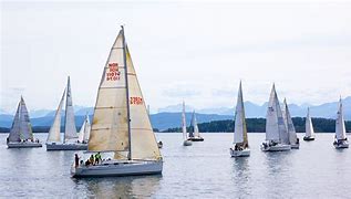 A group of sailboats in the water with mountains in the background.